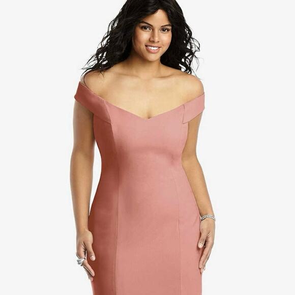 Dessy Off-the-Shoulder Criss Cross Back Trumpet Gown Desert Rose Women's 10 $257 - Picture 3 of 8